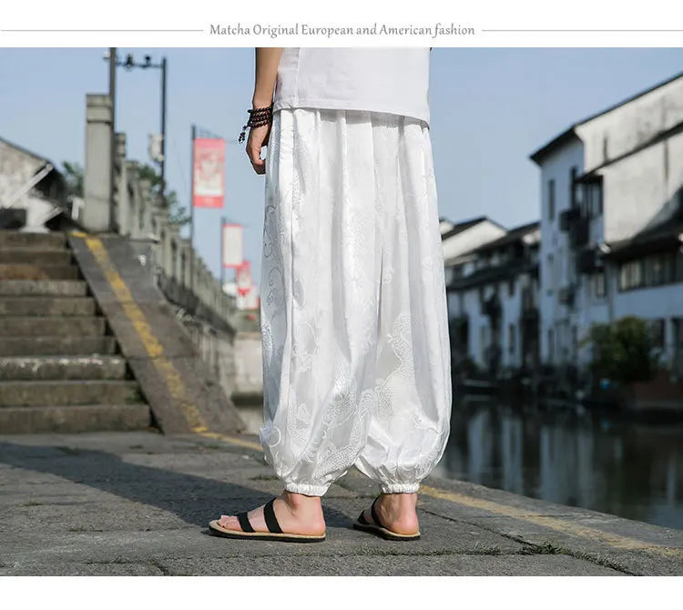 Men’s Ice Silk Wide-Leg Pants - Dragon Design with Drawstring Waist  Breathable Modest Trousers