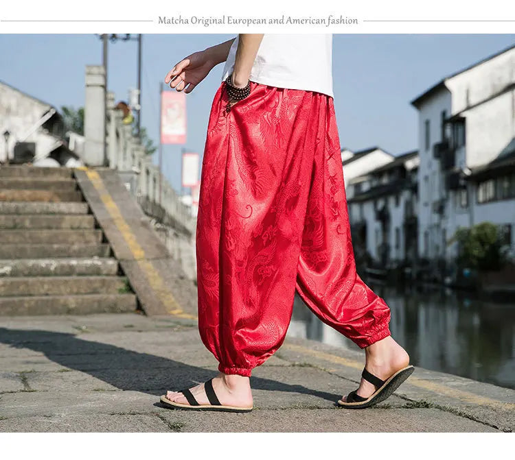 Men’s Ice Silk Wide-Leg Pants - Dragon Design with Drawstring Waist  Breathable Modest Trousers