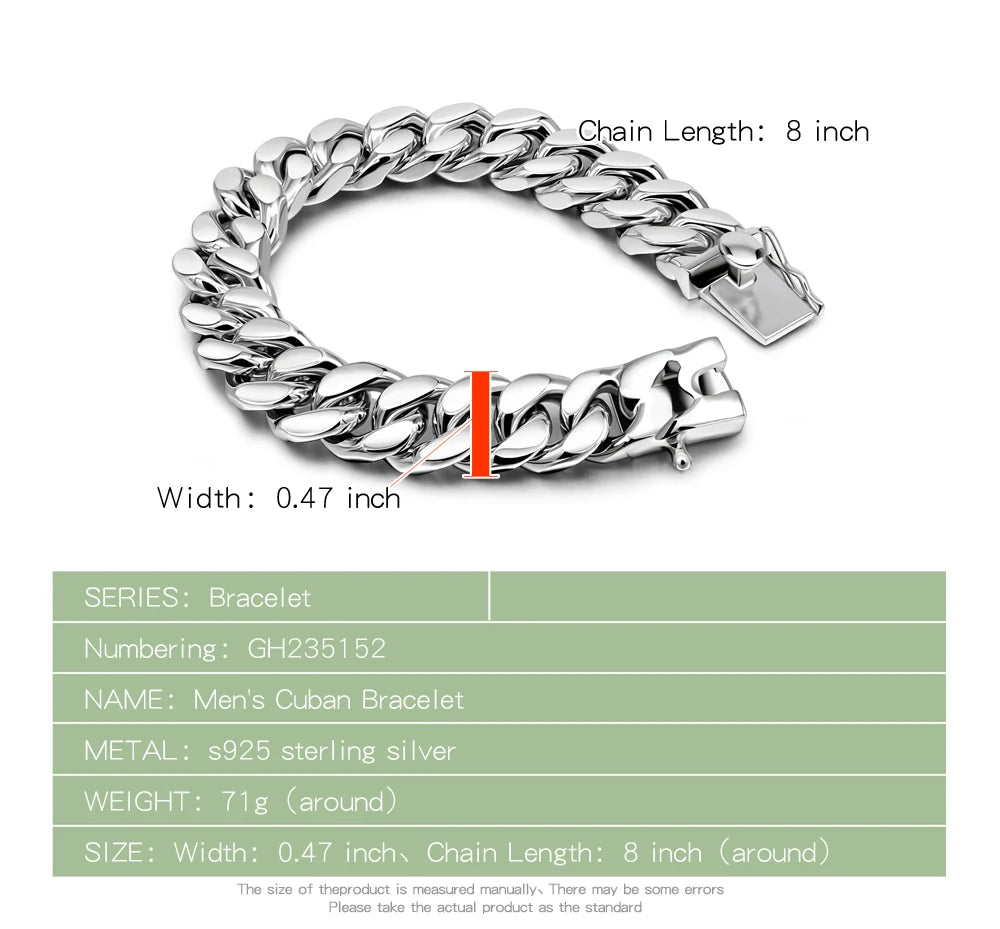 Silver men's Cuban bracelet with measurement details on a white background