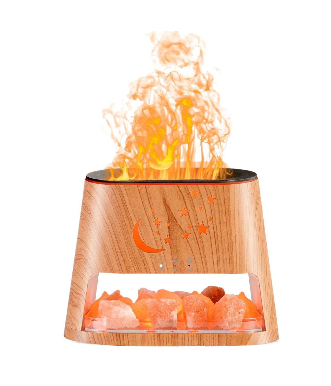 Wooden fire pit with flames and decorative elements on a white background