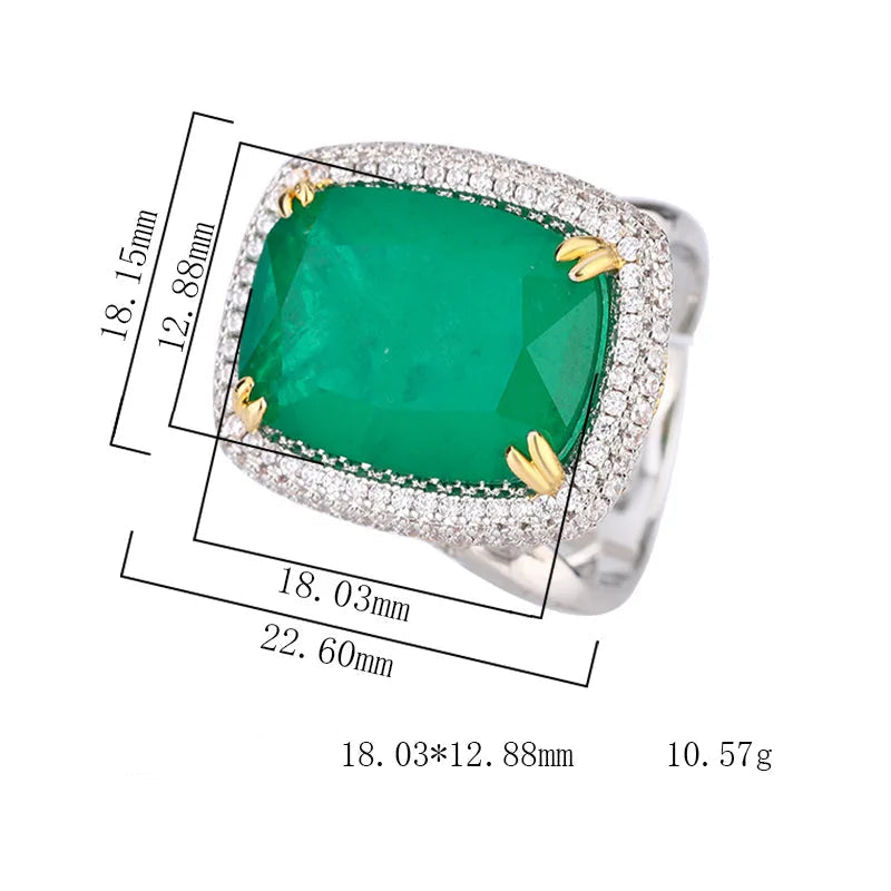 Ring with green gemstone and gold accents, showing measurements on a white background