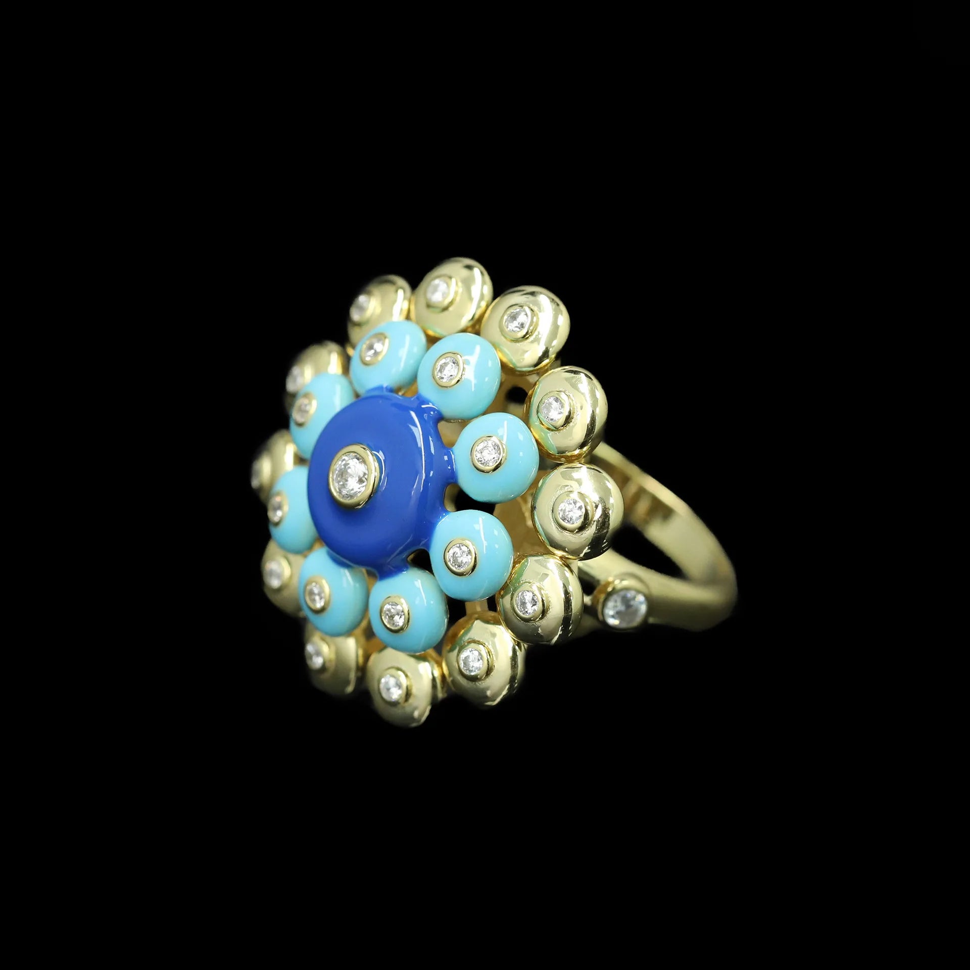 Vintage 925 Silver Ring with Blue Turquoise & Lapis Lazuli – Gold-Plated Foil Beads Luxury Jewelry for Women