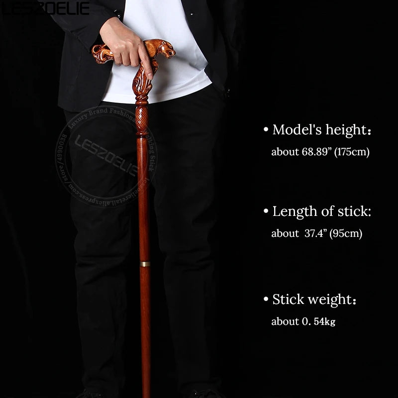 Wooden walking cane held by a person with product specifications on a black background