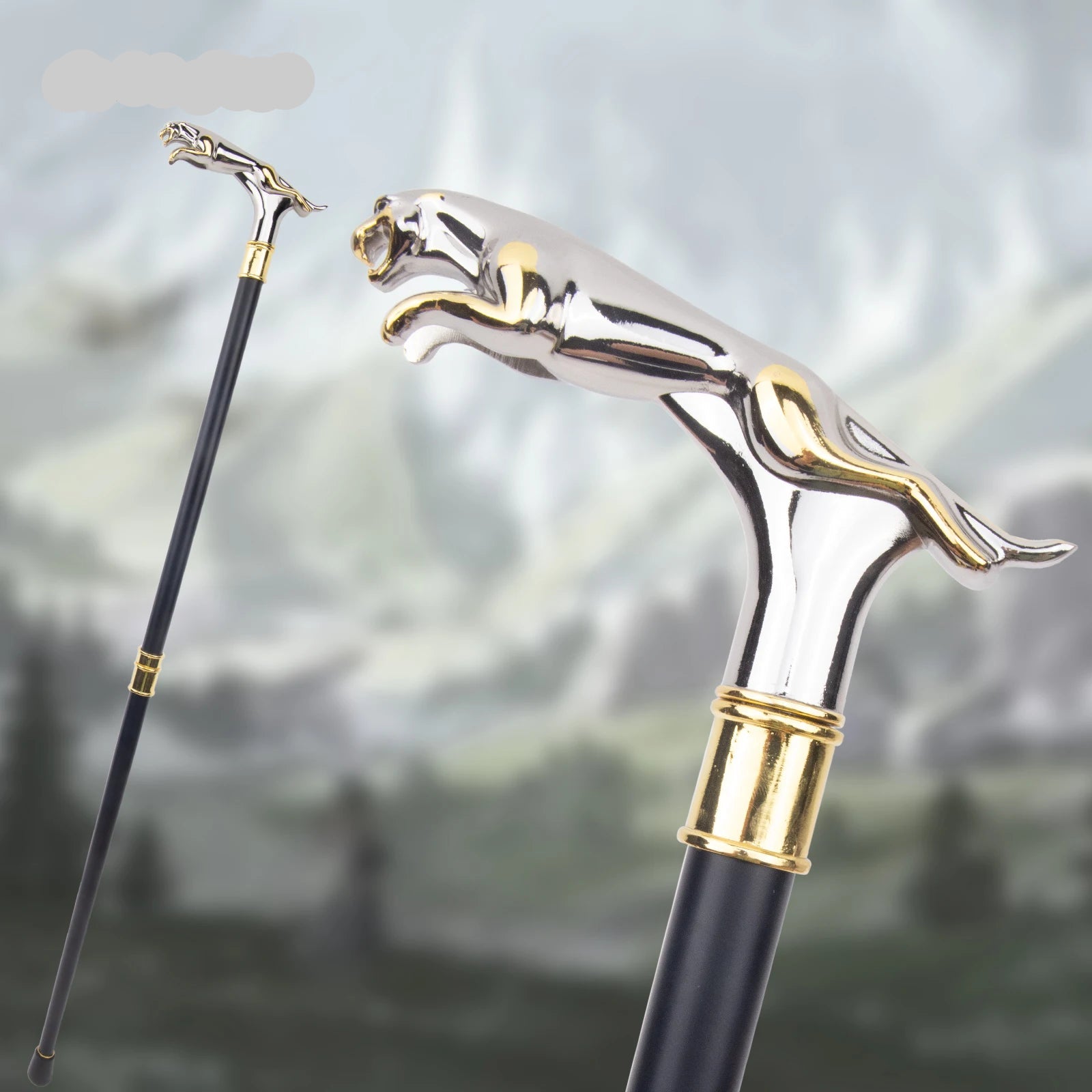 Decorative walking cane with silver and gold panther handle on a blurred background