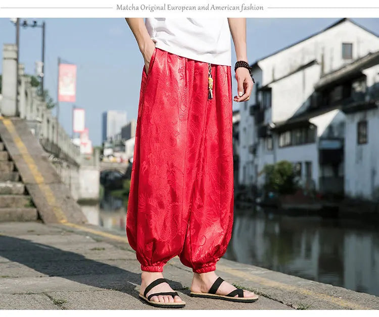Men’s Ice Silk Wide-Leg Pants - Dragon Design with Drawstring Waist  Breathable Modest Trousers