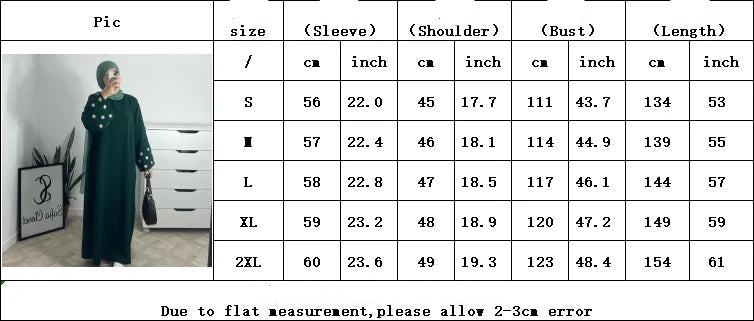 Table displaying garment measurements with a person wearing a green dress.