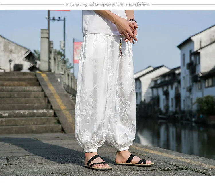Men’s Ice Silk Wide-Leg Pants - Dragon Design with Drawstring Waist  Breathable Modest Trousers