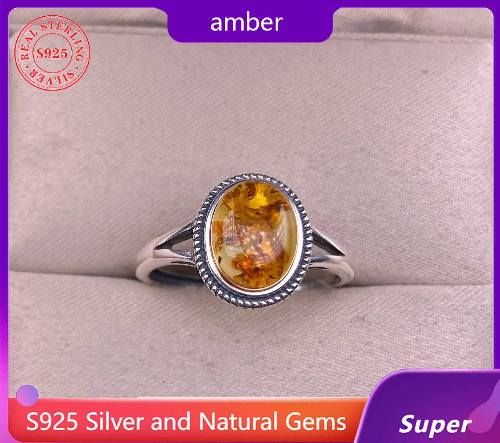 Handcrafted 925 Silver Amber Ring – Organic Fossil Gemstone Design