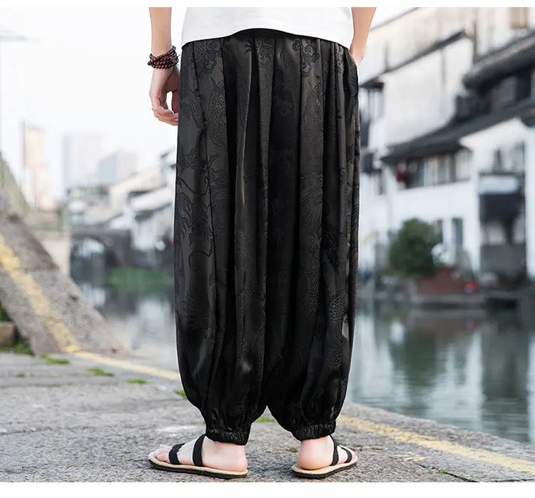 Men’s Ice Silk Wide-Leg Pants - Dragon Design with Drawstring Waist  Breathable Modest Trousers