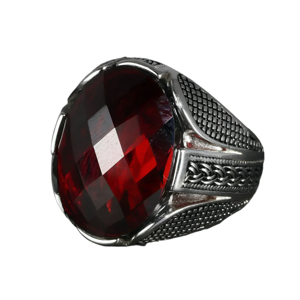 Mens 925 Sterling Silver Red Zircon Ring – Faceted Turkish Vintage Jewelry