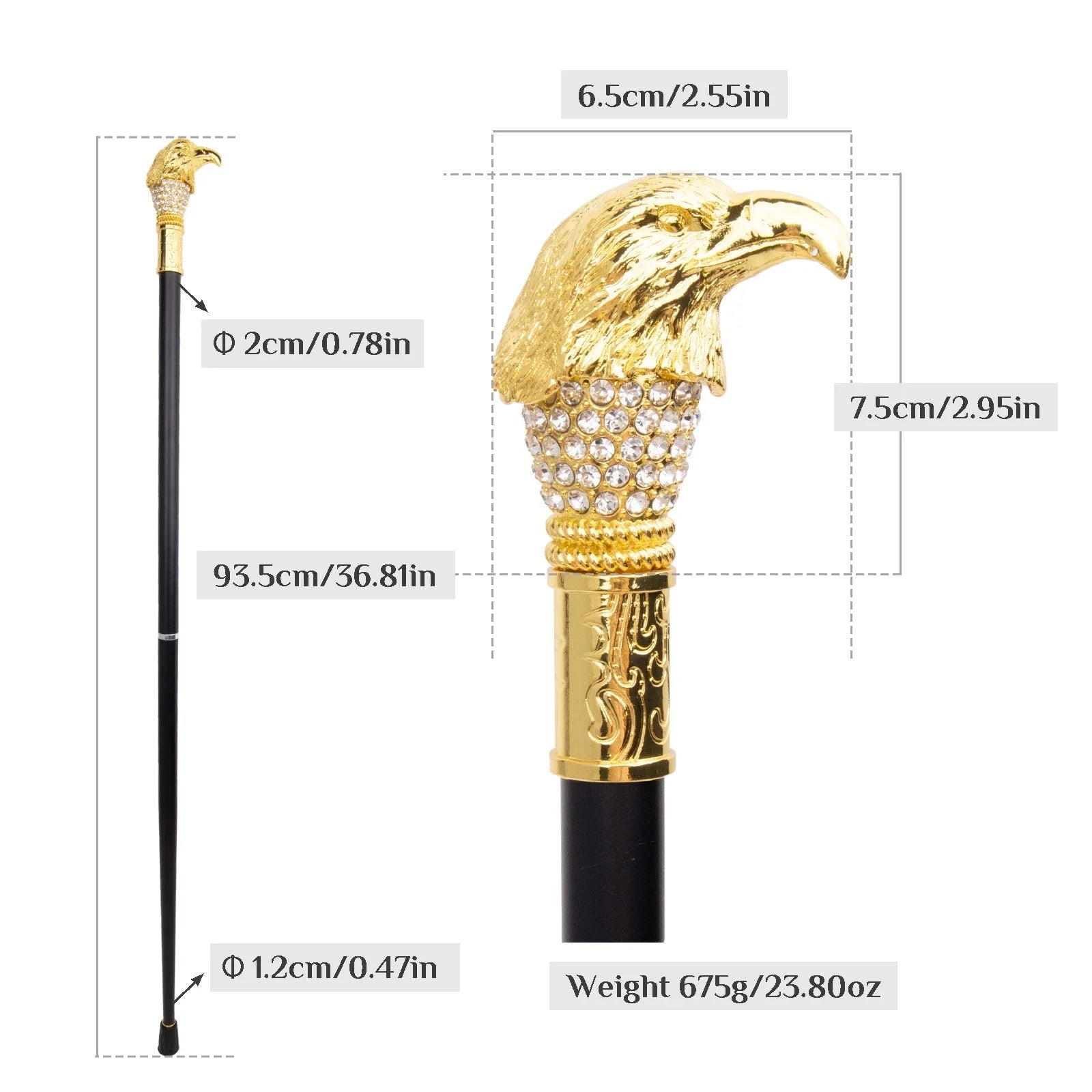 Gold walking cane with detailed handle and measurements on a white background
