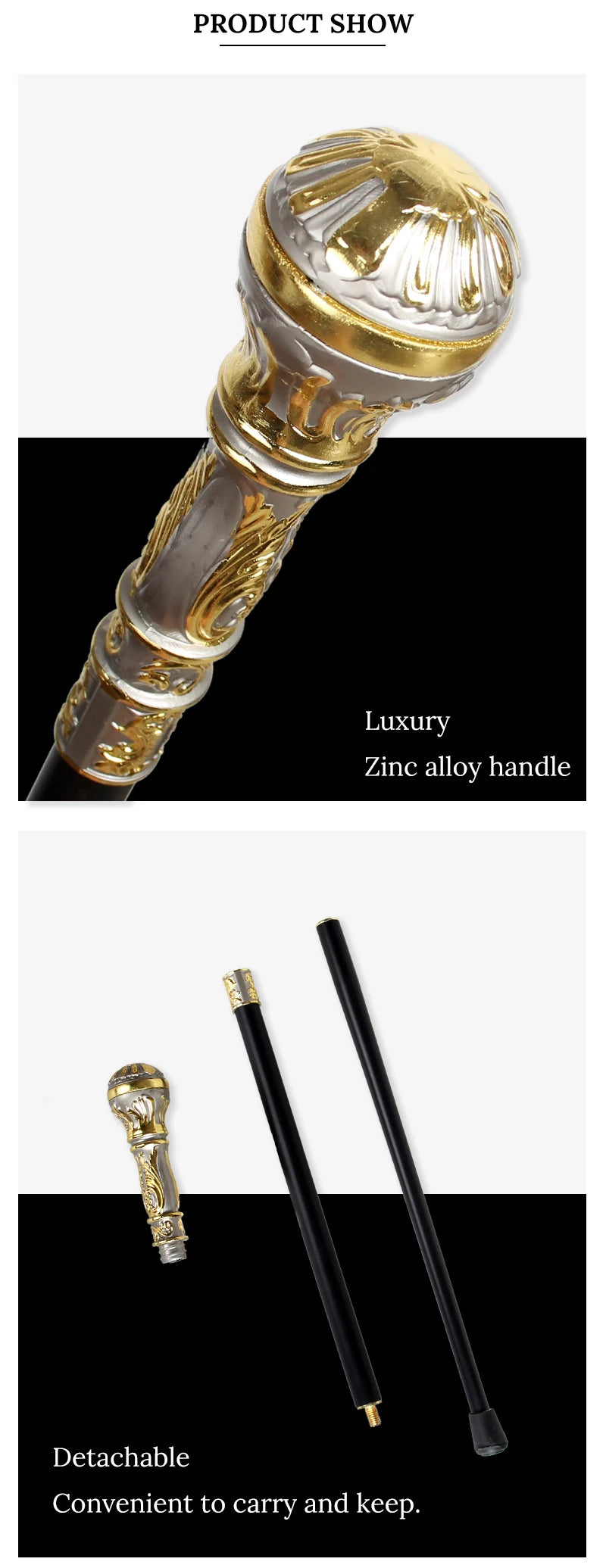 Unisex Luxury Walking Cane – Gold Detachable Stick in 5 Elegant Colors, 93cm