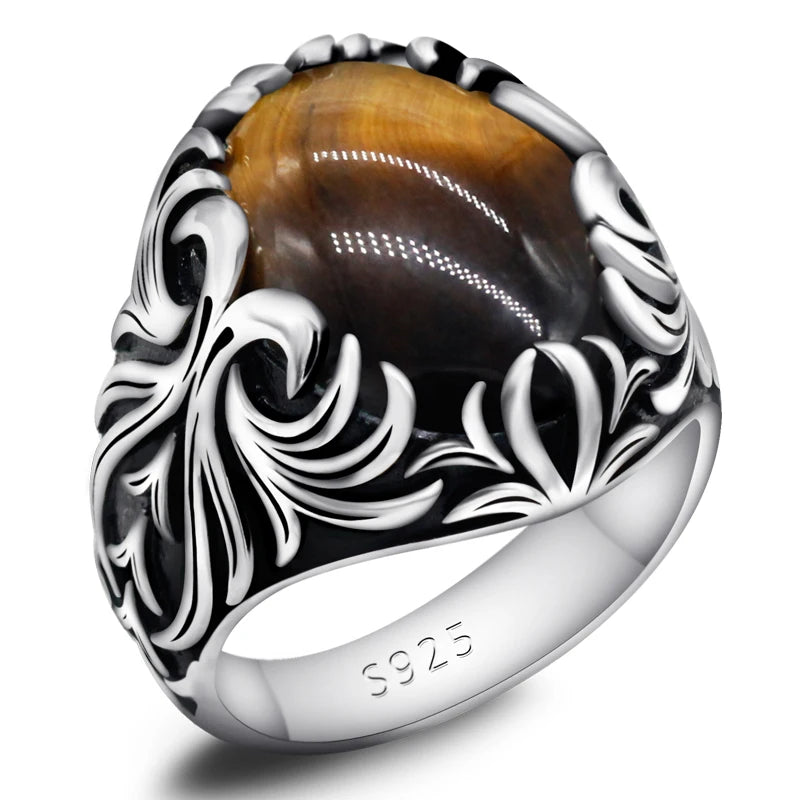 Men’s Tiger Eye Statement Ring – 925 Sterling Silver, Handcrafted Turkish Vintage Design
