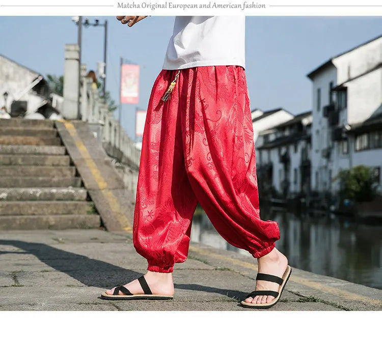 Men’s Ice Silk Wide-Leg Pants - Dragon Design with Drawstring Waist  Breathable Modest Trousers