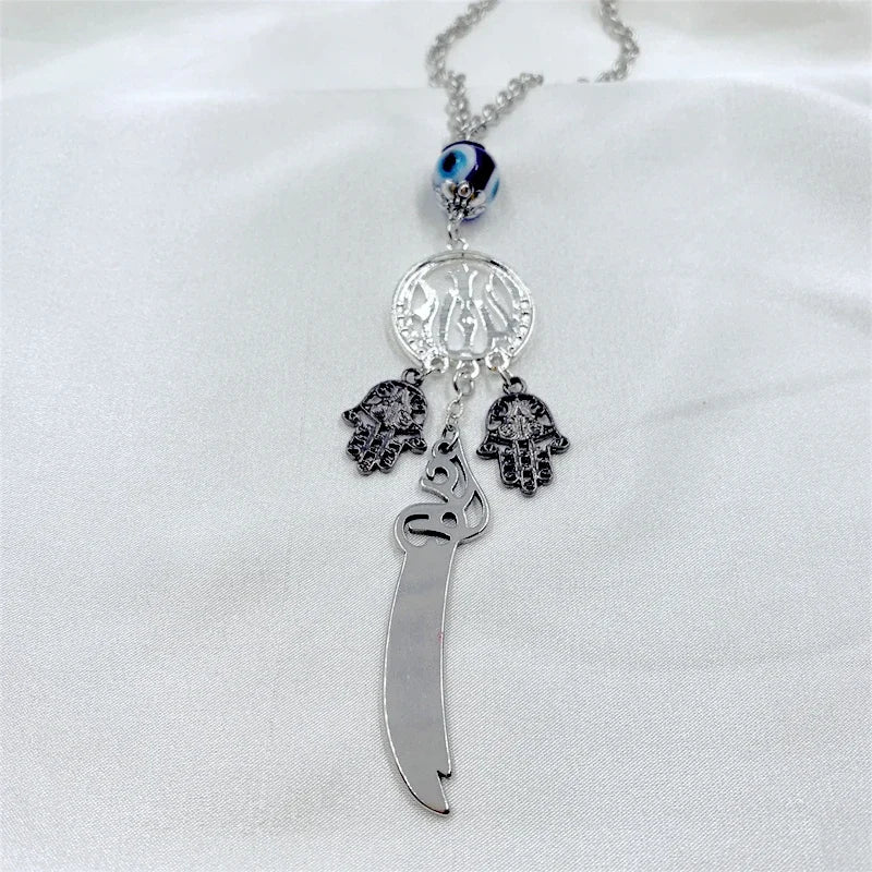 Imam Ali Sword Car Mirror Pendant – Islamic Rearview Accessory with Allah, Fatima & Evil Eye Protection