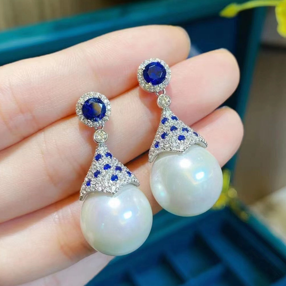 925 Sterling Silver Jewelry Set – 15MM South Sea Pearl with Created Sapphire  Earrings, Pendant & Necklace
