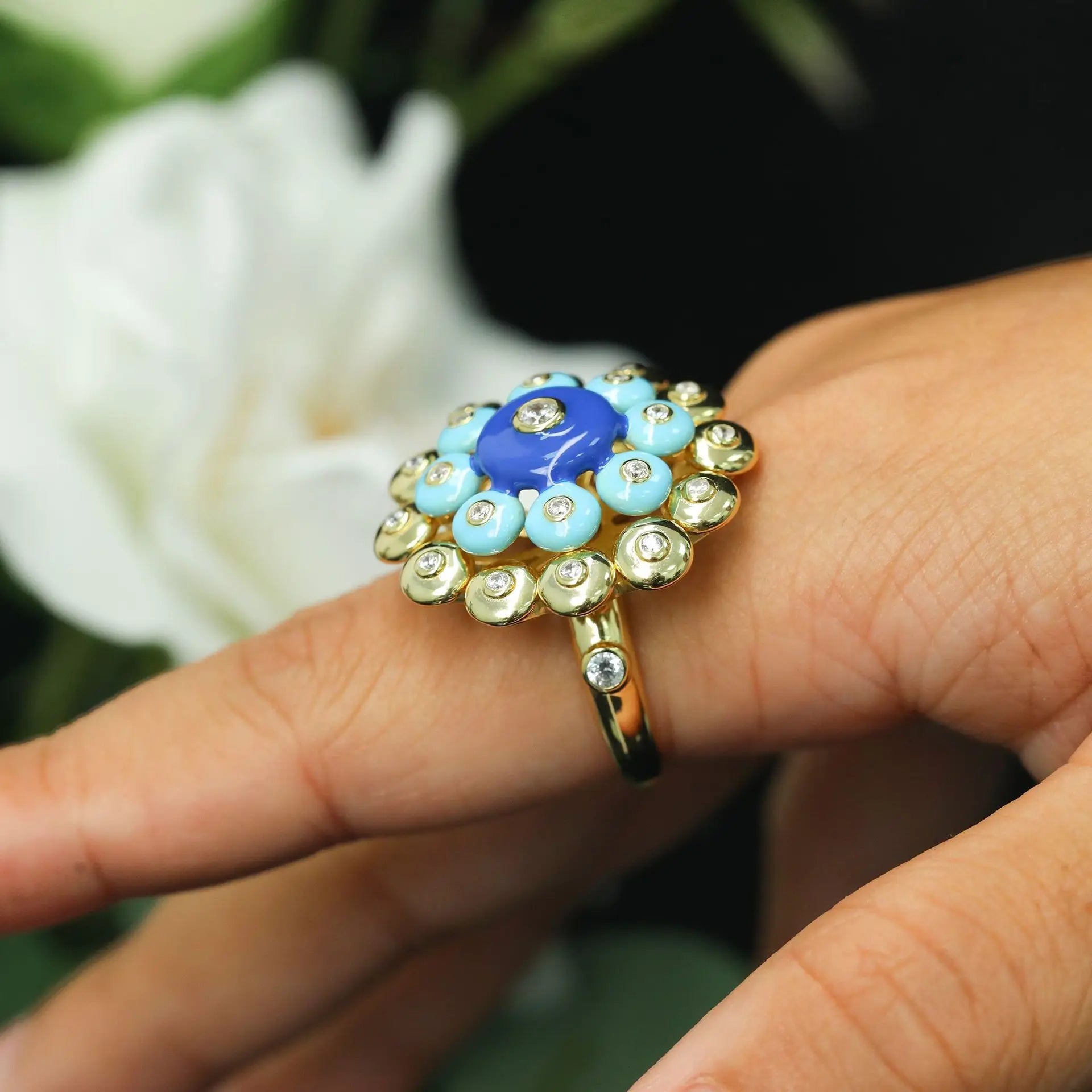 Vintage 925 Silver Ring with Blue Turquoise & Lapis Lazuli – Gold-Plated Foil Beads Luxury Jewelry for Women