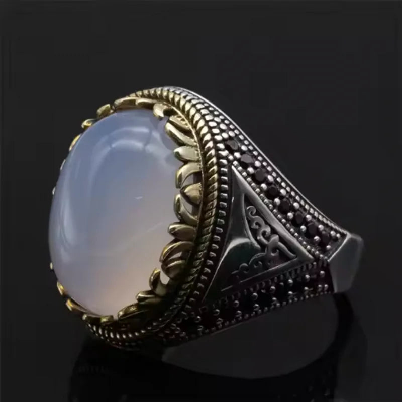 Mens Vintage Turkish Ring – 925 Sterling Silver with Natural Black Agate