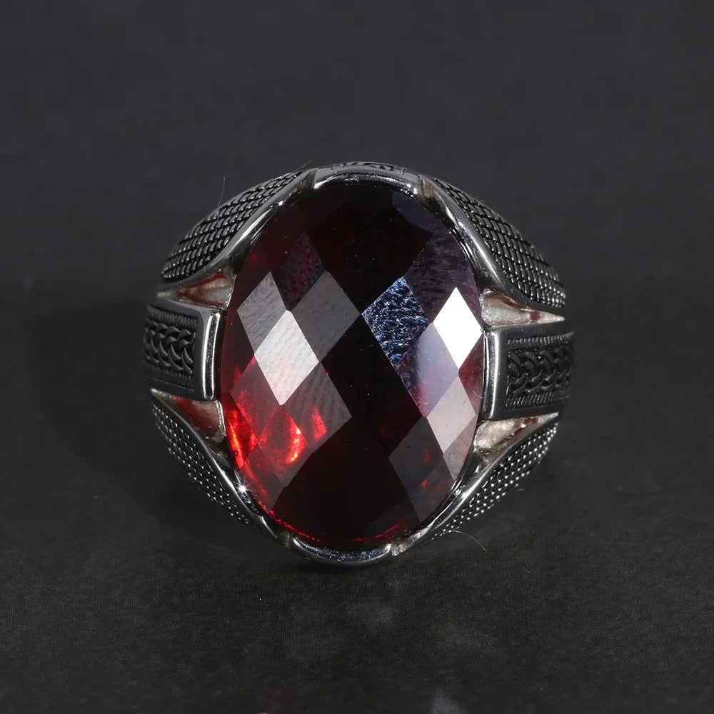 Mens 925 Sterling Silver Red Zircon Ring – Faceted Turkish Vintage Jewelry