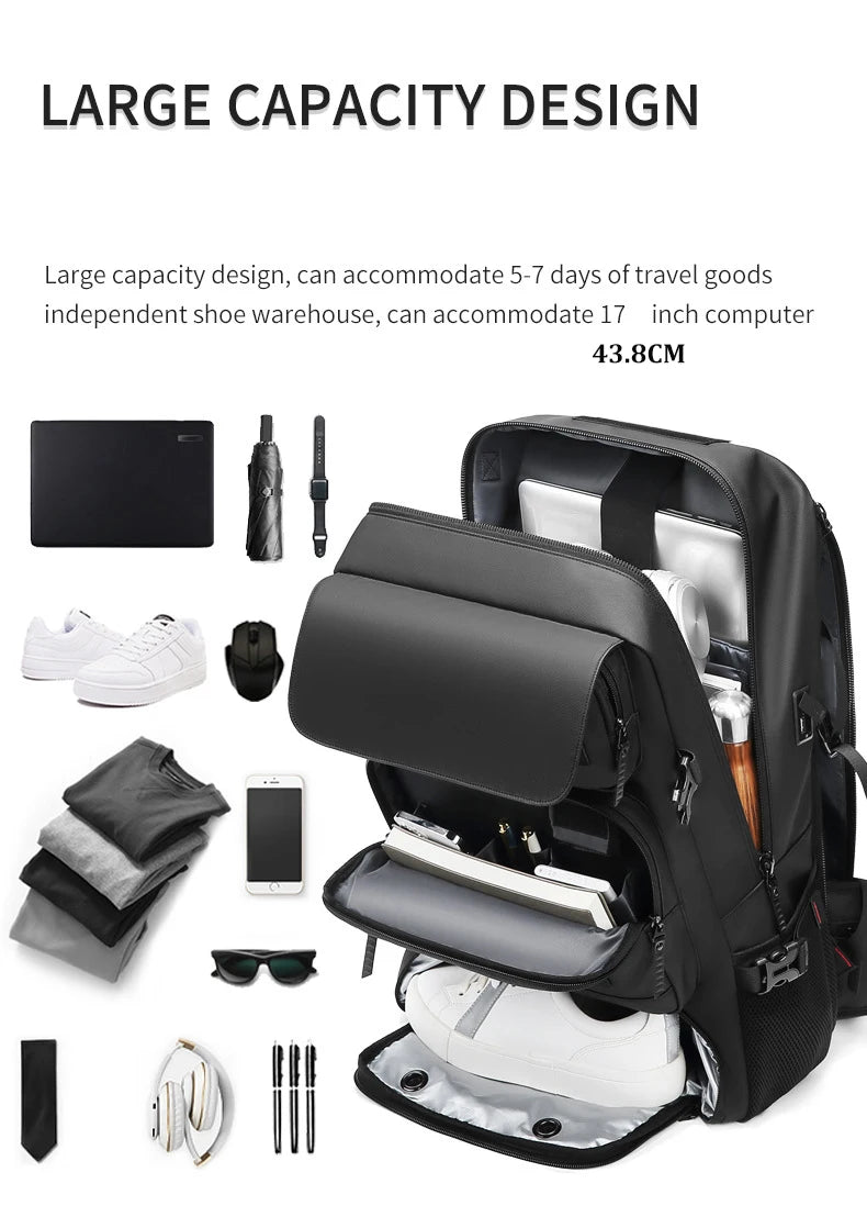Waterproof Travel Backpack – 50L with USB Charging & Separate Shoe Bag