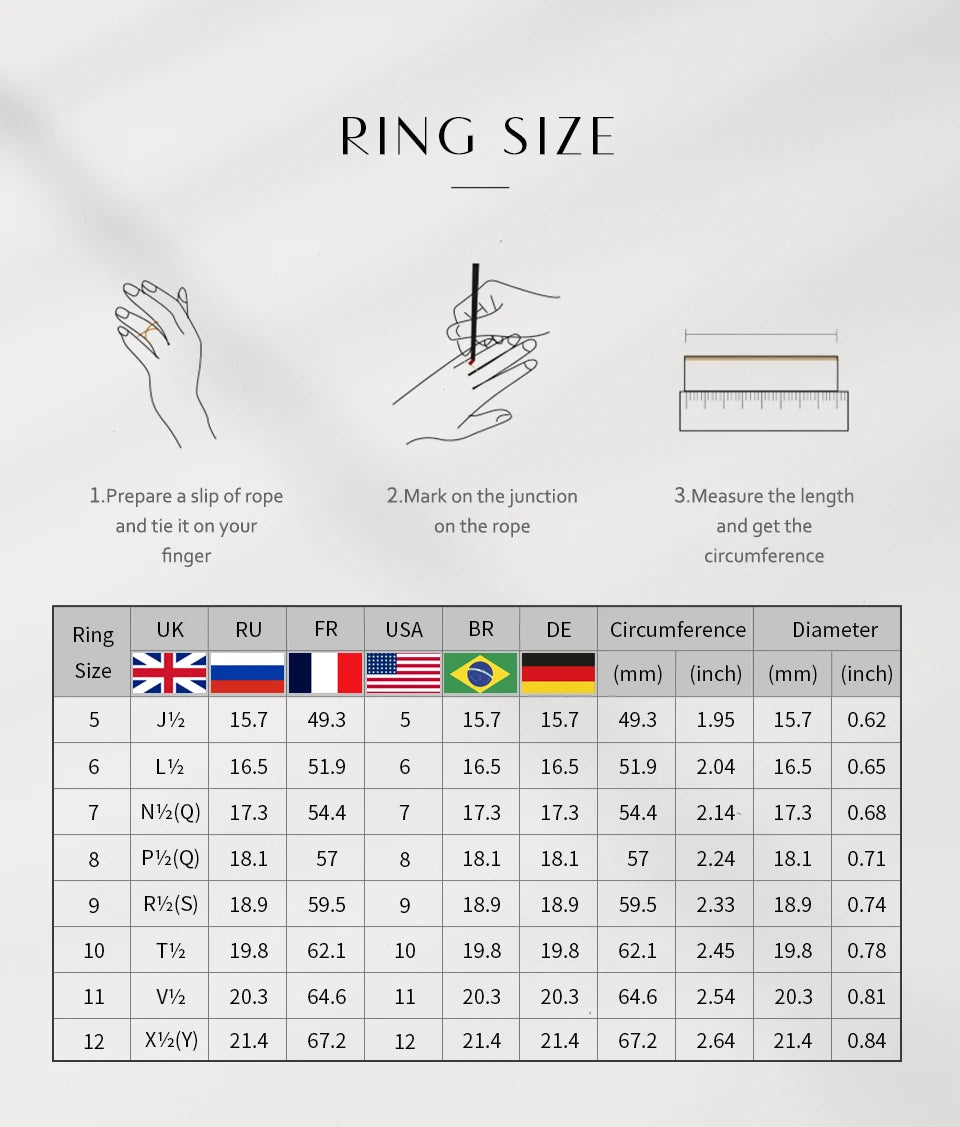 Ring size chart with measurement instructions and various flag icons