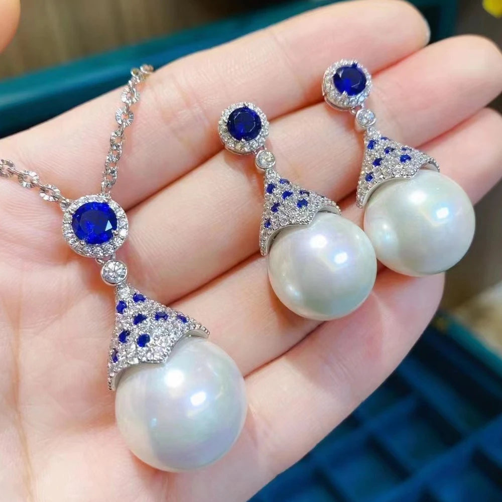 925 Sterling Silver Jewelry Set – 15MM South Sea Pearl with Created Sapphire  Earrings, Pendant & Necklace