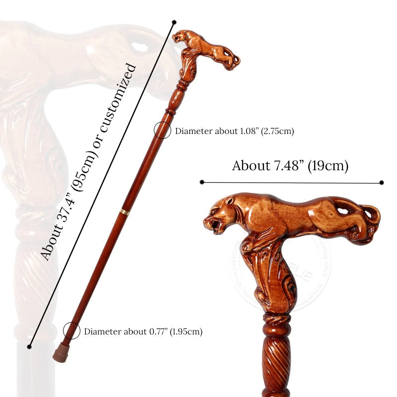 Wooden walking cane with tiger head design, showing measurements on a white background.