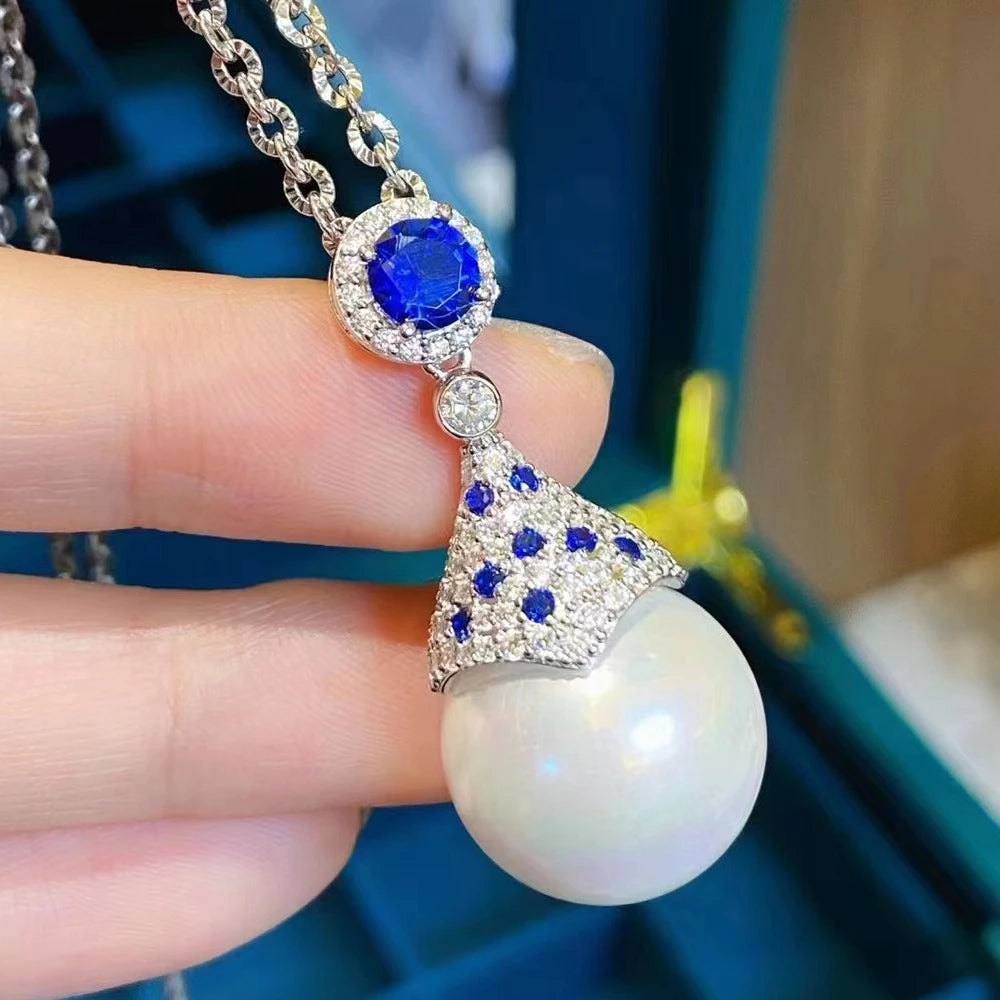 925 Sterling Silver Jewelry Set – 15MM South Sea Pearl with Created Sapphire  Earrings, Pendant & Necklace