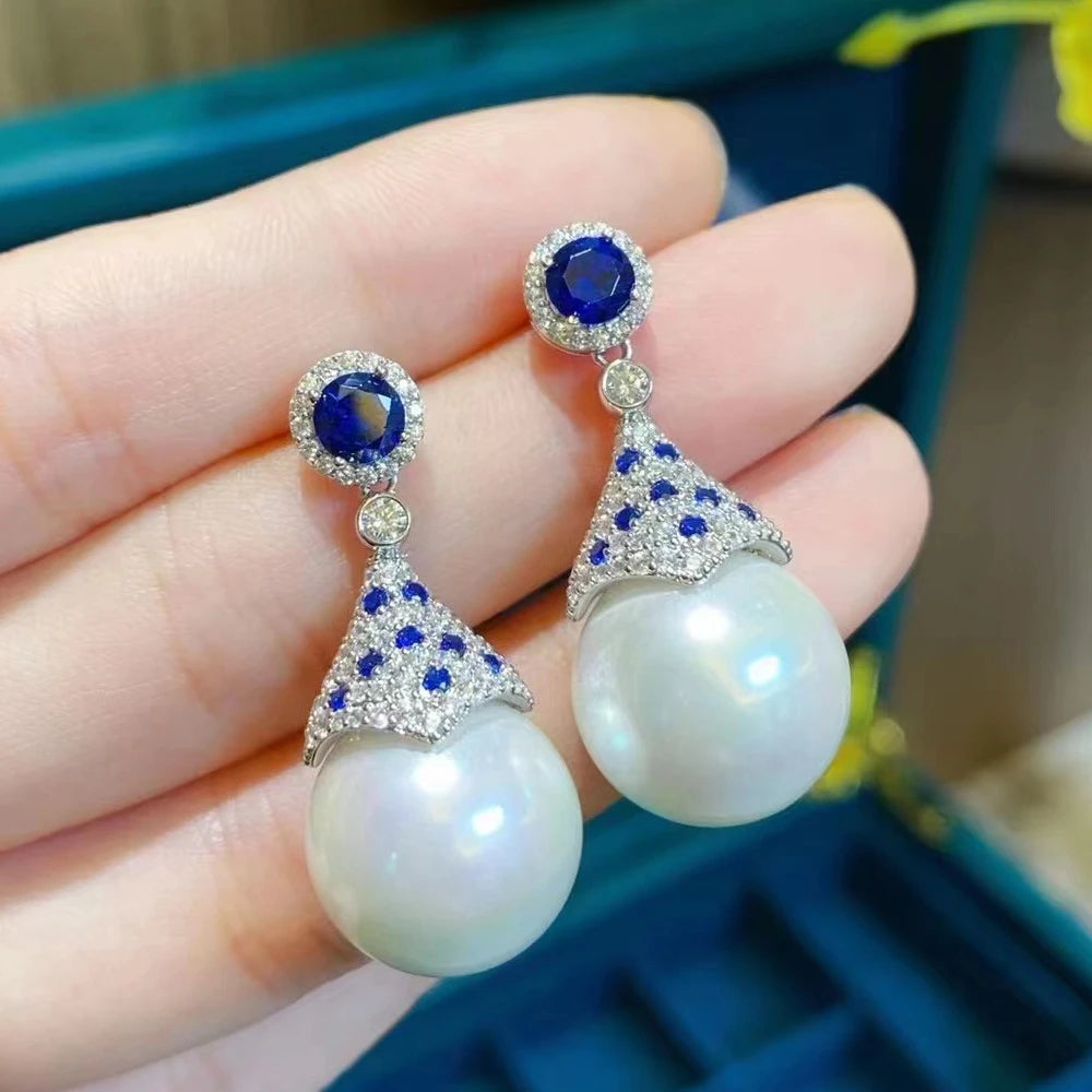 925 Sterling Silver Jewelry Set – 15MM South Sea Pearl with Created Sapphire  Earrings, Pendant & Necklace