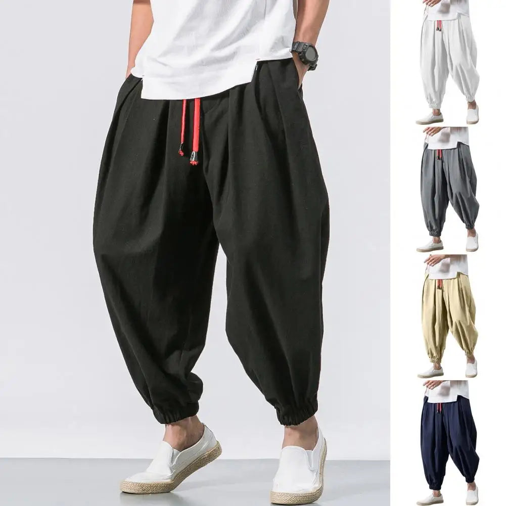 Breathable Cotton-Linen Jogger Pants for Men – Stylish Harem Leg Design with Elastic Waist