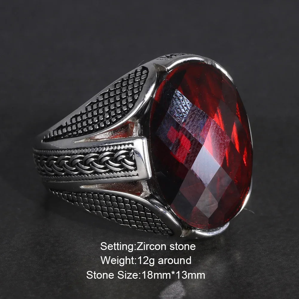 Mens 925 Sterling Silver Red Zircon Ring – Faceted Turkish Vintage Jewelry