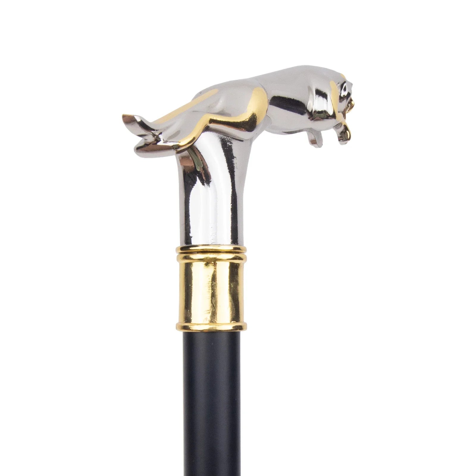 Cane with a silver and gold panther head design on a white background