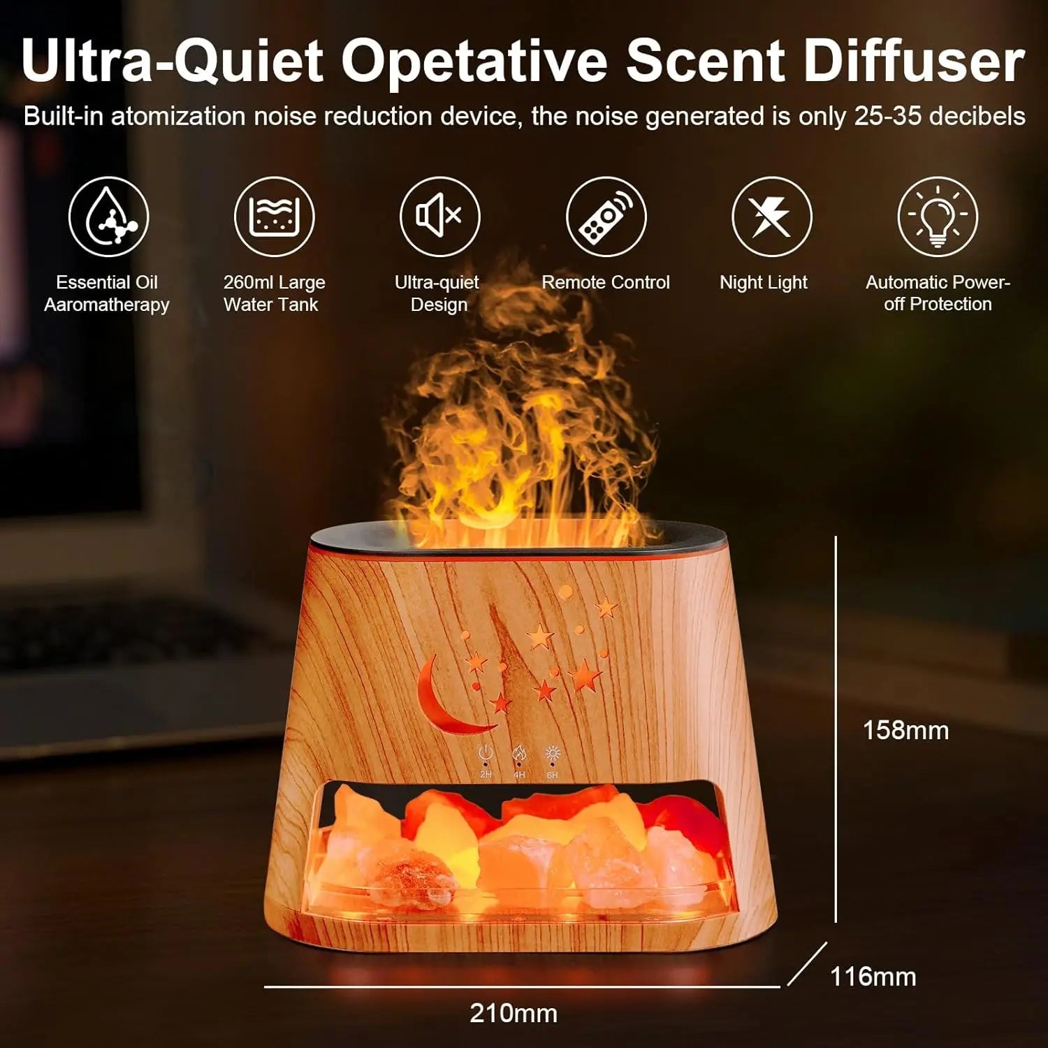 Ultra-Quiet Operative Scent Diffuser with wooden design and flame effect on a dark background