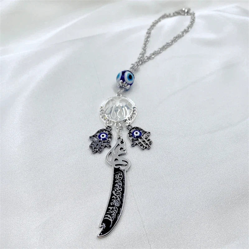 Imam Ali Sword Car Mirror Pendant – Islamic Rearview Accessory with Allah, Fatima & Evil Eye Protection