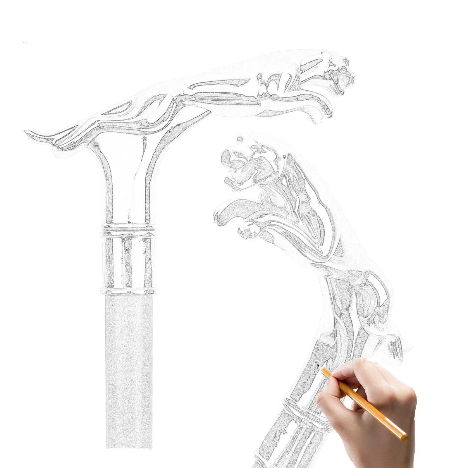 Hand holding a pencil tracing a detailed design on a white background.