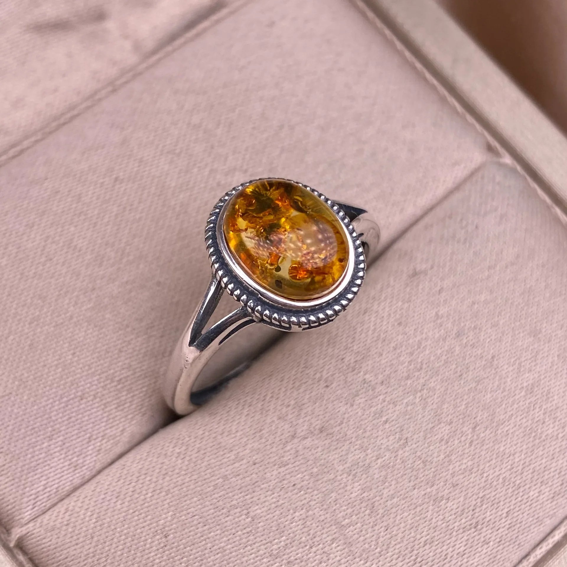 Handcrafted 925 Silver Amber Ring – Organic Fossil Gemstone Design