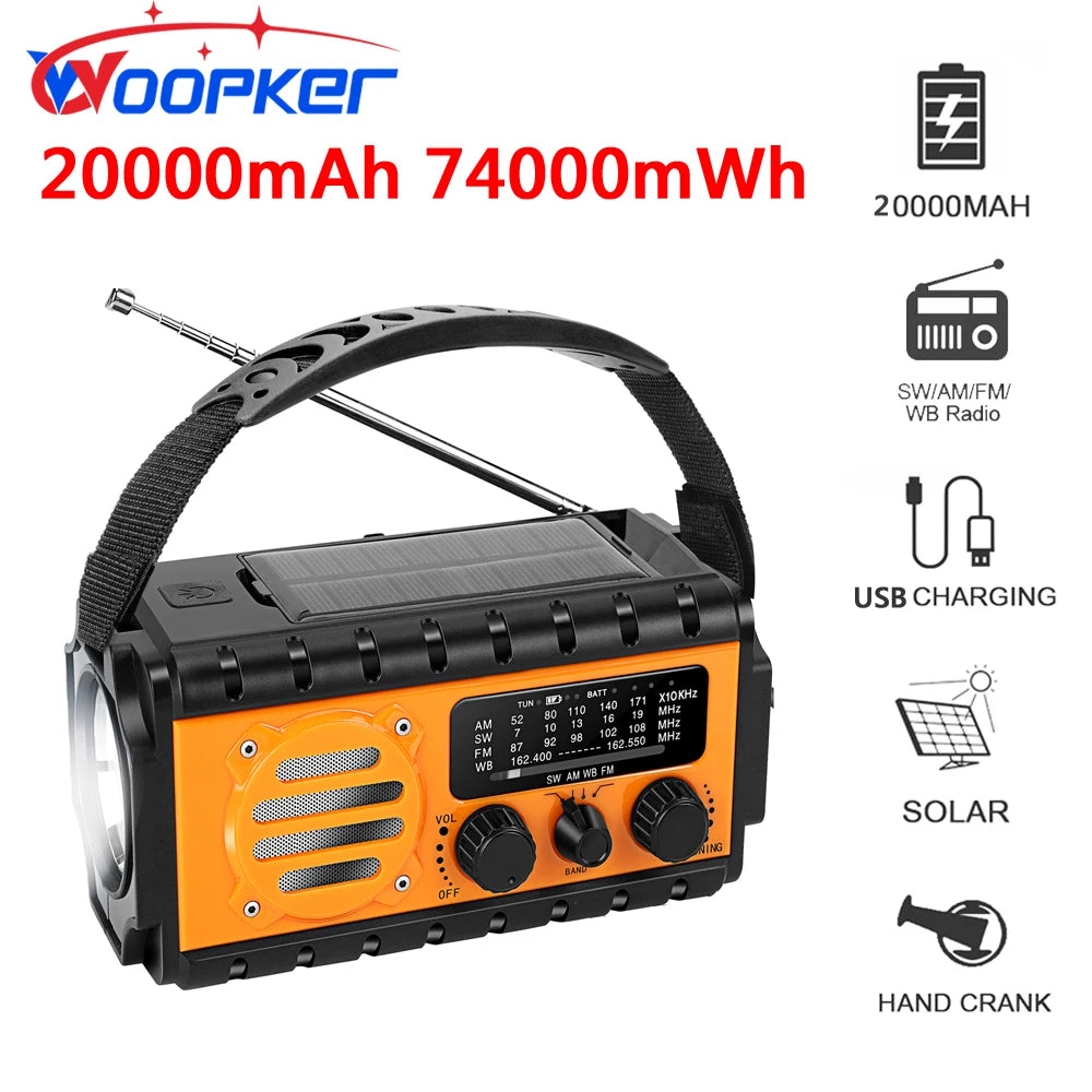Emergency Weather Radio – 20000mAh Solar Power Bank with AM/FM/NOAA, SOS Alarm & Flashlight