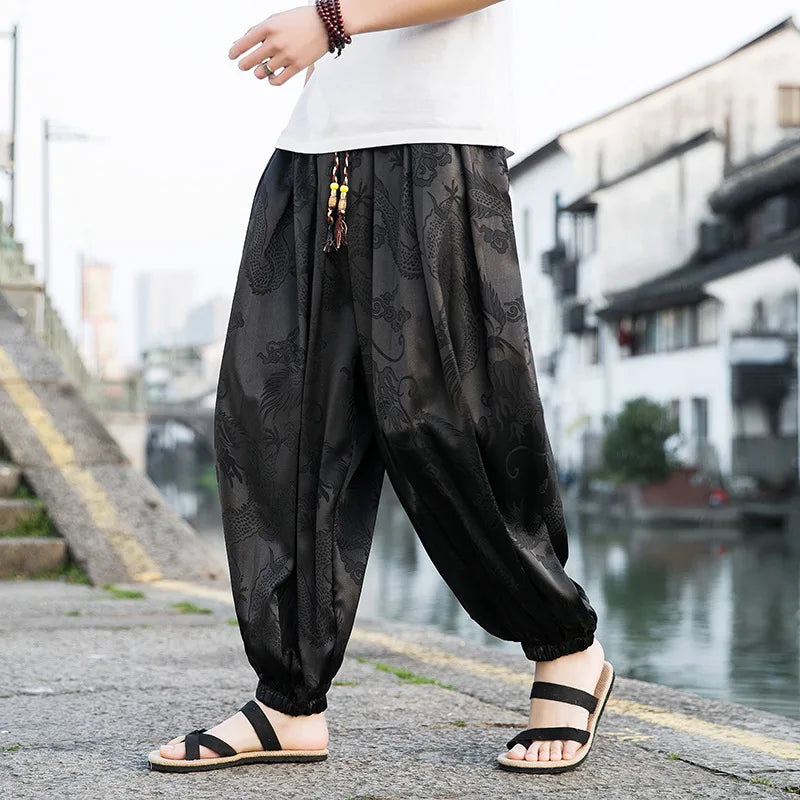 Men’s Ice Silk Wide-Leg Pants - Dragon Design with Drawstring Waist  Breathable Modest Trousers