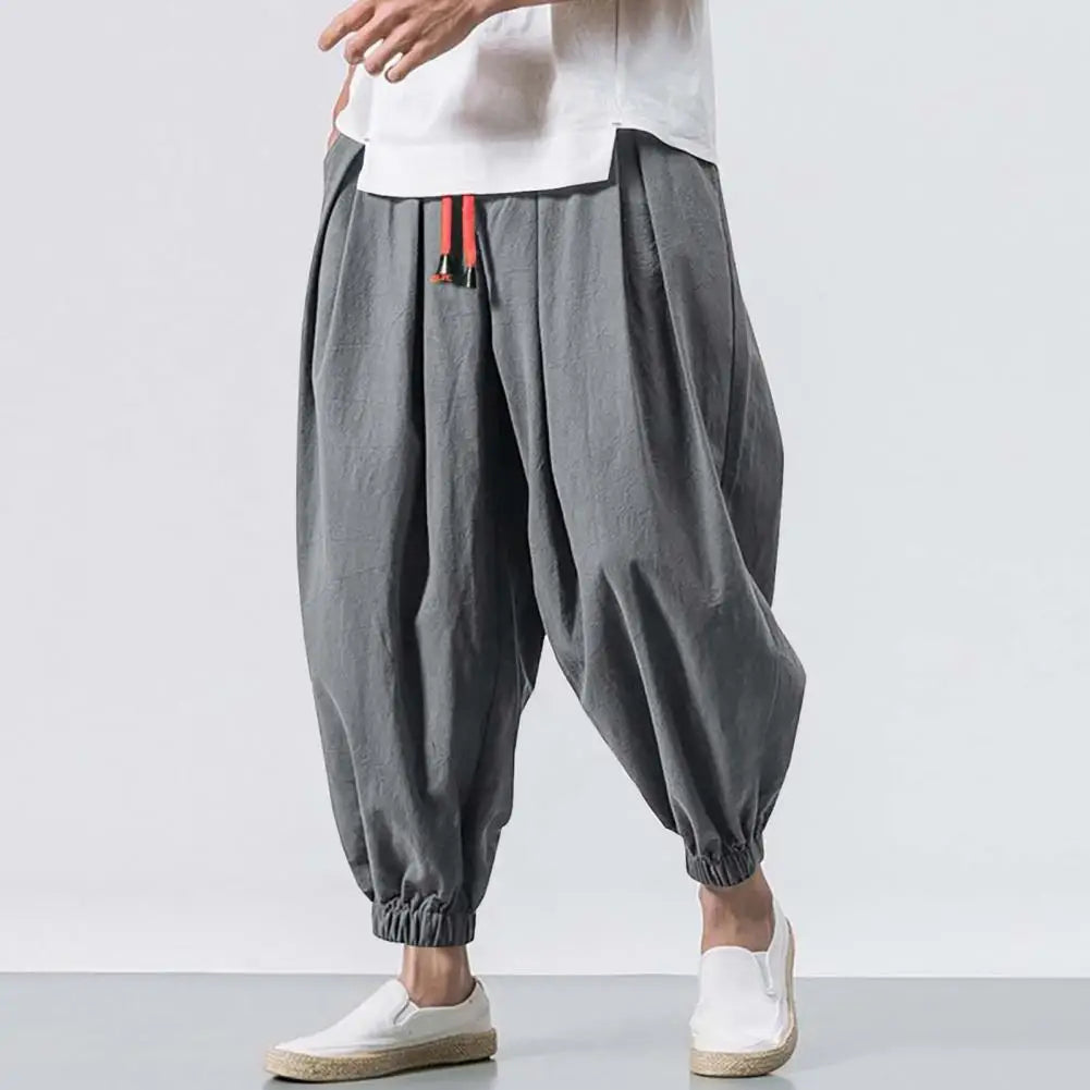 Breathable Cotton-Linen Jogger Pants for Men – Stylish Harem Leg Design with Elastic Waist