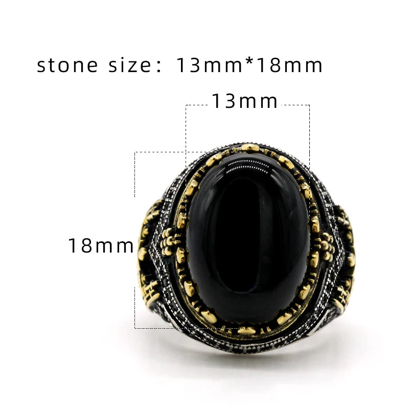 Vintage Black Natural Agate 925 Silver Signet Ring