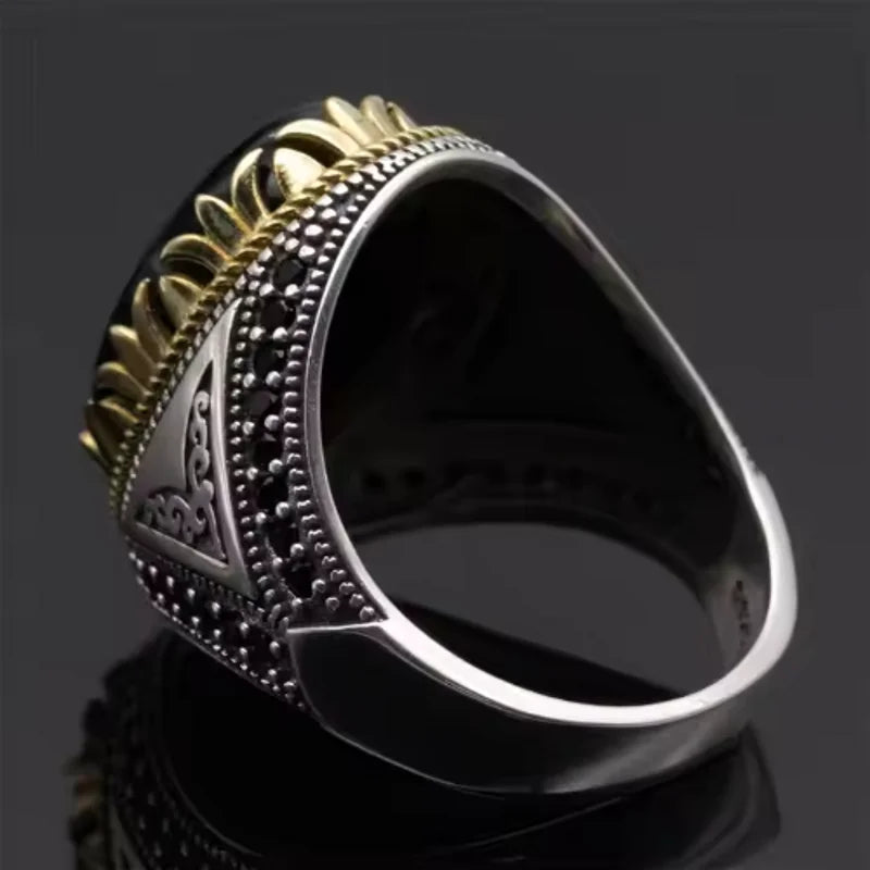 Mens Vintage Turkish Ring – 925 Sterling Silver with Natural Black Agate