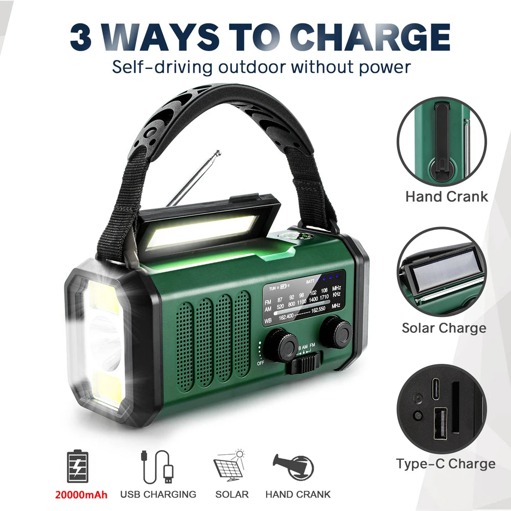 Emergency Weather Radio – 20000mAh Solar Power Bank with AM/FM/NOAA, SOS Alarm & Flashlight