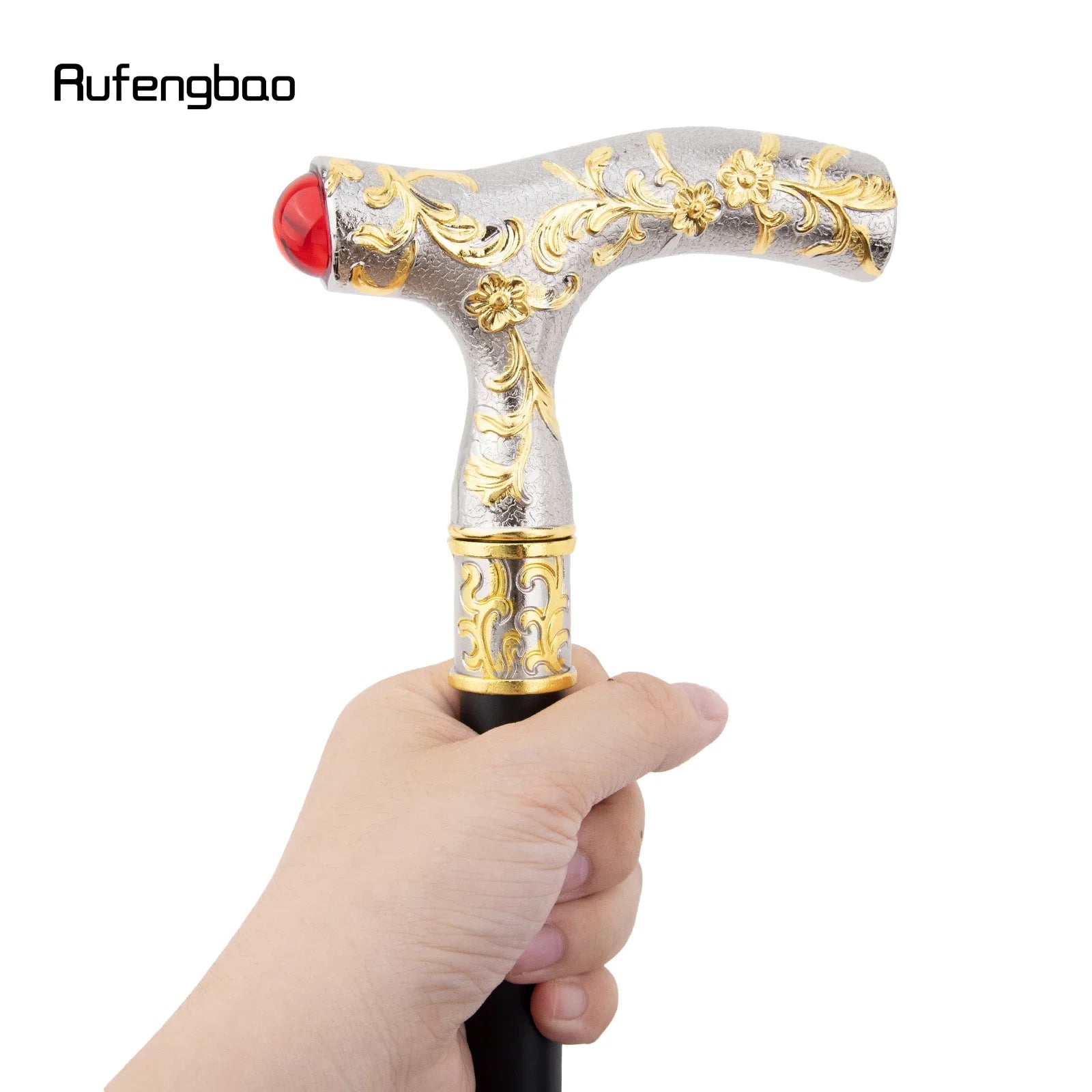 Luxury Crosier Walking Stick – Red Gem Flower Ball Handle, Golden White Design, 92cm