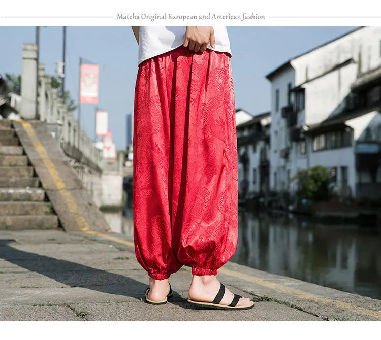 Men’s Ice Silk Wide-Leg Pants - Dragon Design with Drawstring Waist  Breathable Modest Trousers