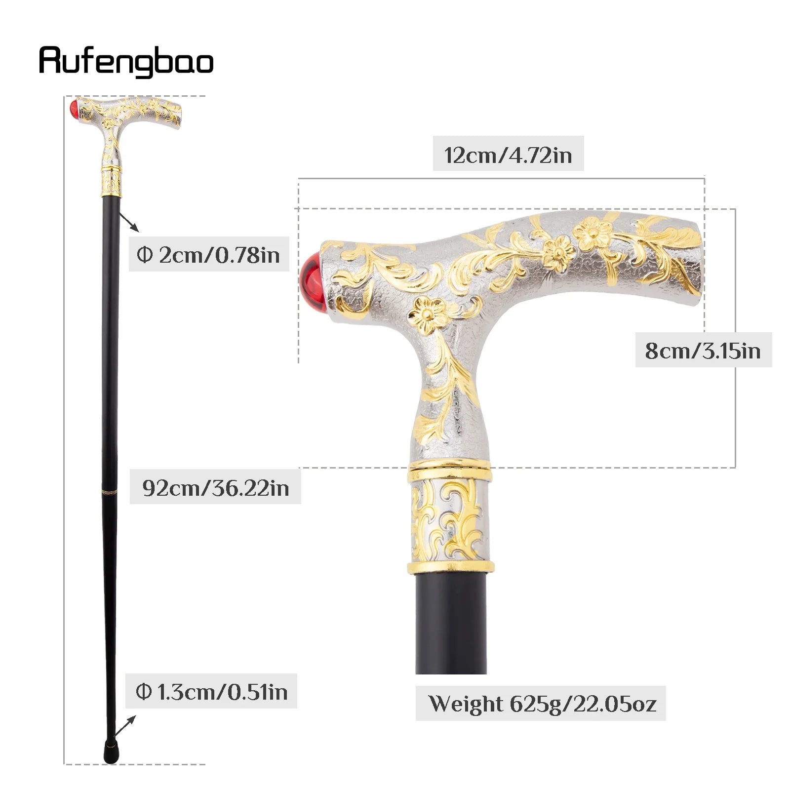 Luxury Crosier Walking Stick – Red Gem Flower Ball Handle, Golden White Design, 92cm