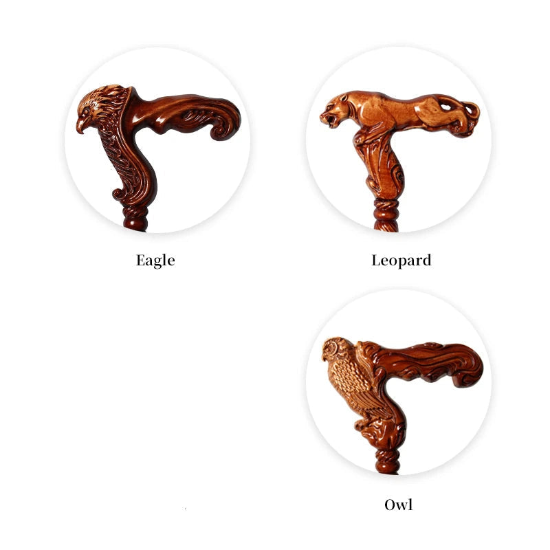 Four wooden handles shaped like an eagle, leopard, Christmas tree, and owl on a white background.