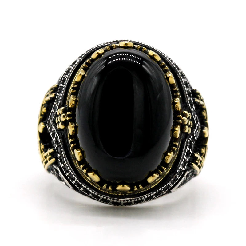 Vintage Black Natural Agate 925 Silver Signet Ring