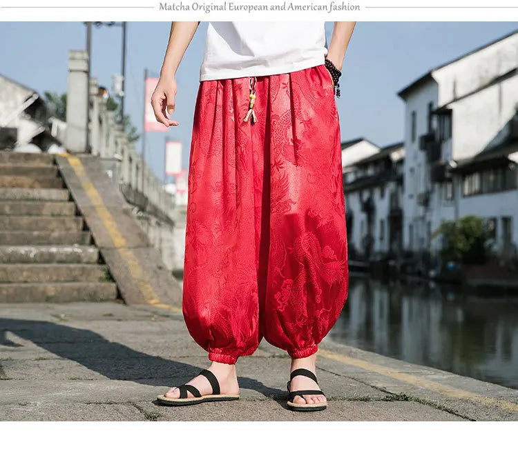 Men’s Ice Silk Wide-Leg Pants - Dragon Design with Drawstring Waist  Breathable Modest Trousers