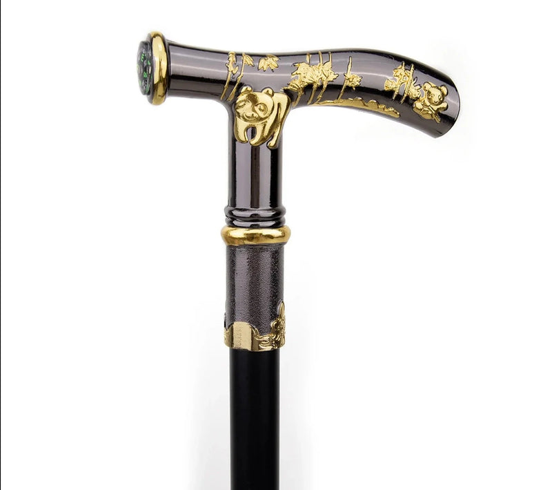 Black & Gold Panda Compass Walking Cane 93cm