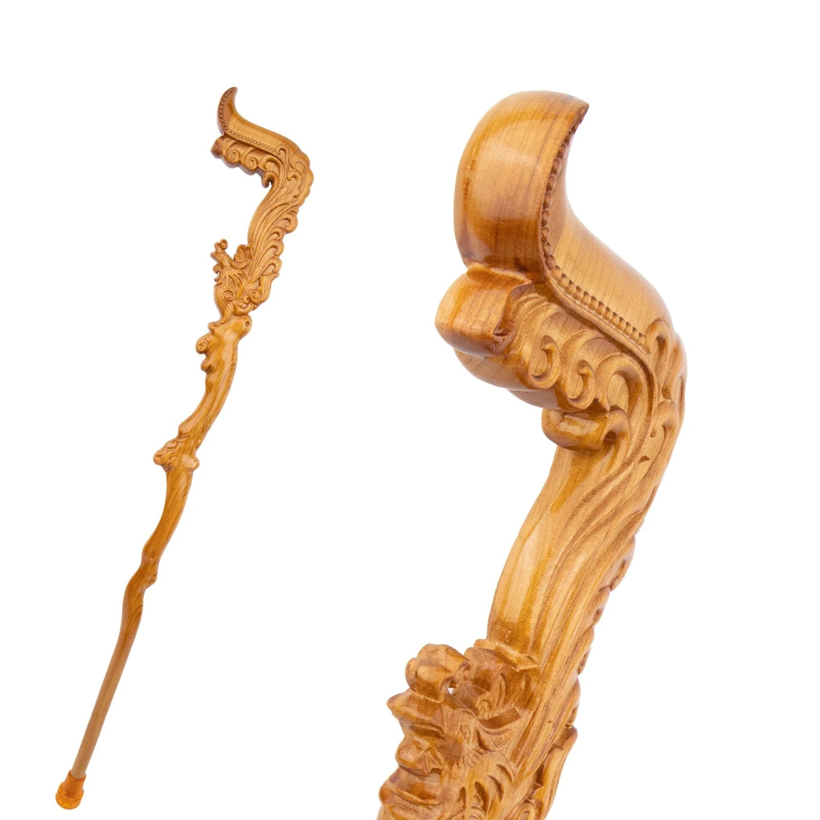 Decorative wooden staff with intricate carvings on a white background, brand 'Aufengbao' visible.